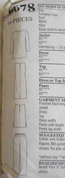 NEW LOOK PATTERNS 6678 SHEALTH DRESS-TOP-LONG COAT/JACKET-PANTS SIZE 8-18 COMPLETE-UNCUT-F/FOLDED