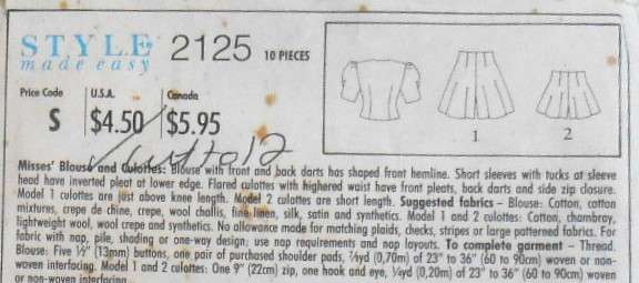 STYLE 2125 TOP WITH SWEETHEART NECKLINE-CULOTTES SIZE 6-16 COMPLETE-CUT TO 12