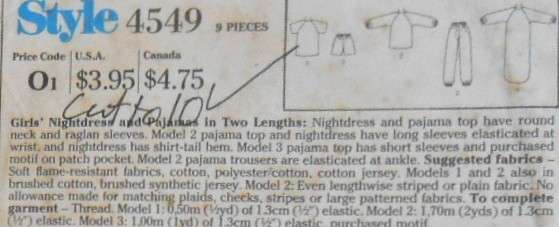 STYLE 4549 GIRLS NIGHTDRESS & PJS SIZE 7-8-10 YEARS COMPLETE-CUT TO 10