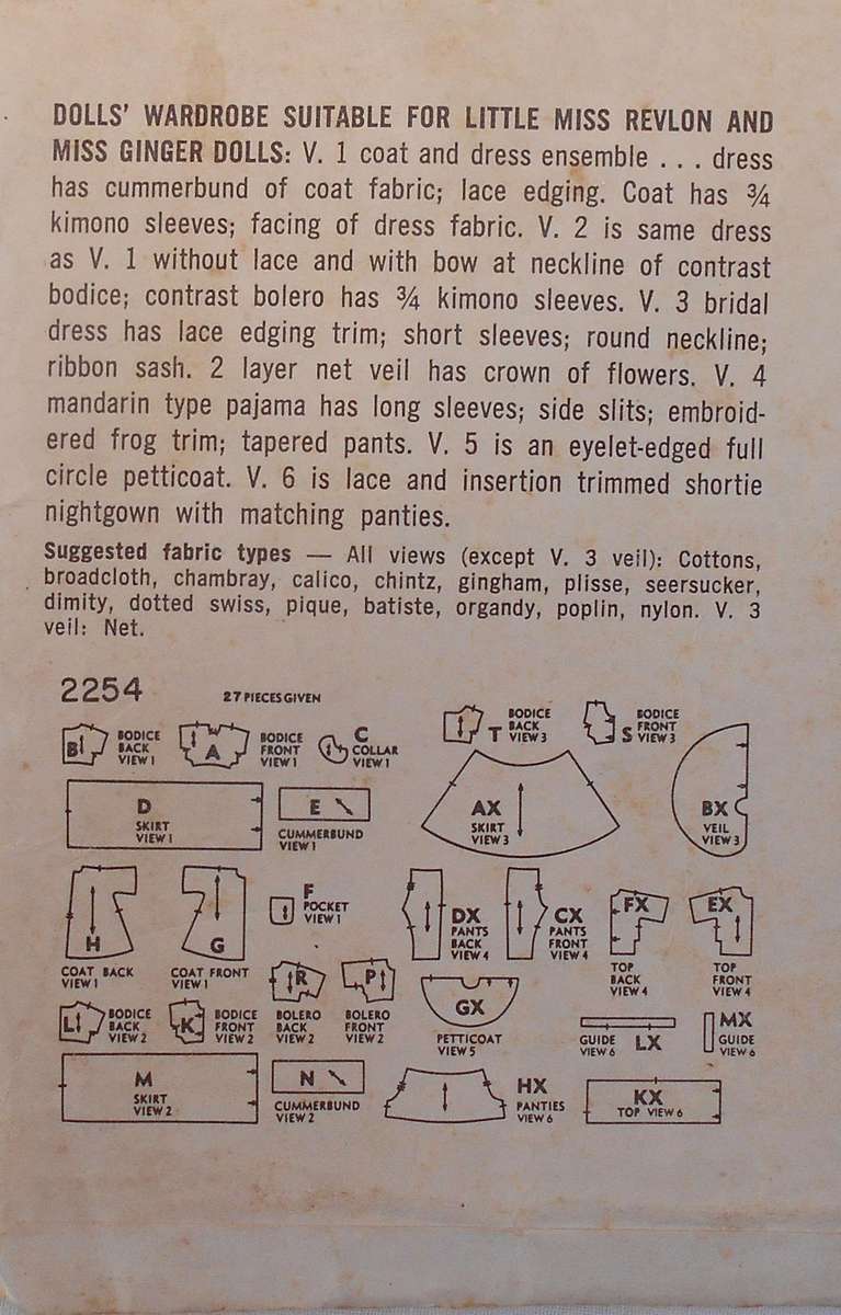 VINTAGE SIMPLICITY 2254 DOLLS WARDROBE -DOLL SIZE 11 1/2"' COMPLETE