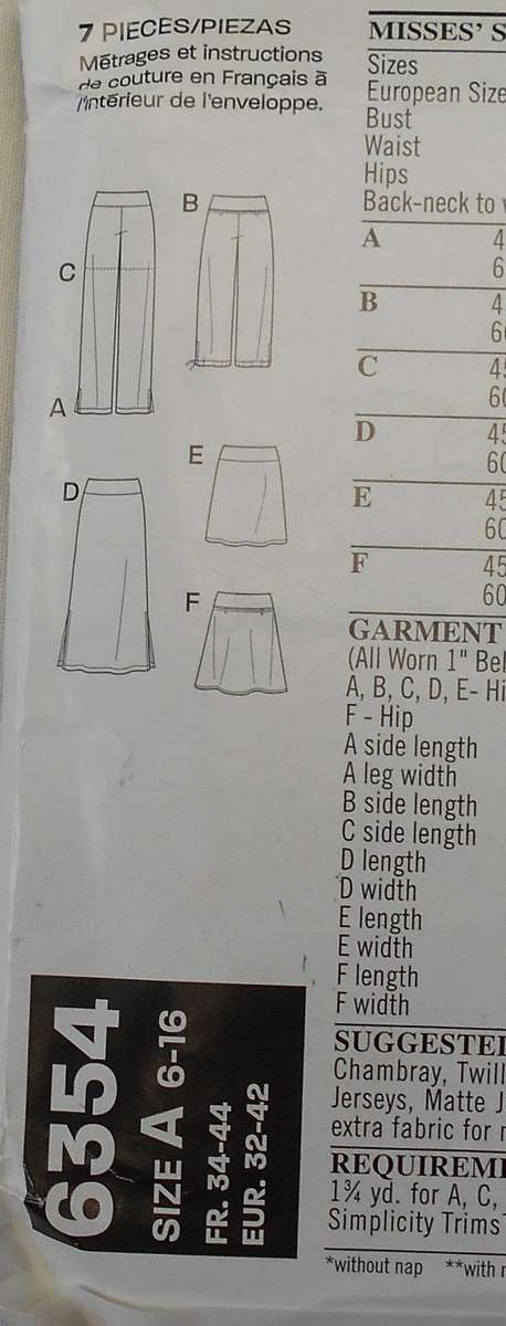 NEW LOOK PATTERNS 6354 PANTS & SKIRTS SIZE 6-16 COMPLETE-CUT TO 16