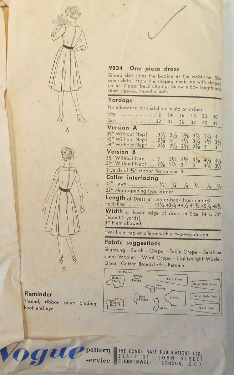 VINTAGE VOGUE 9834 ONE PIECE DRESS SIZE 12 BUST 32 COMPLETE