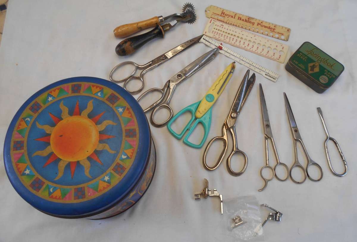BUTTONS, SEWING SCISSORS+ ZIGZAG, SPRINGBOK BOXED PINS, KNITTING NEEDLE RULER MEASURE+SEWING TOOLS