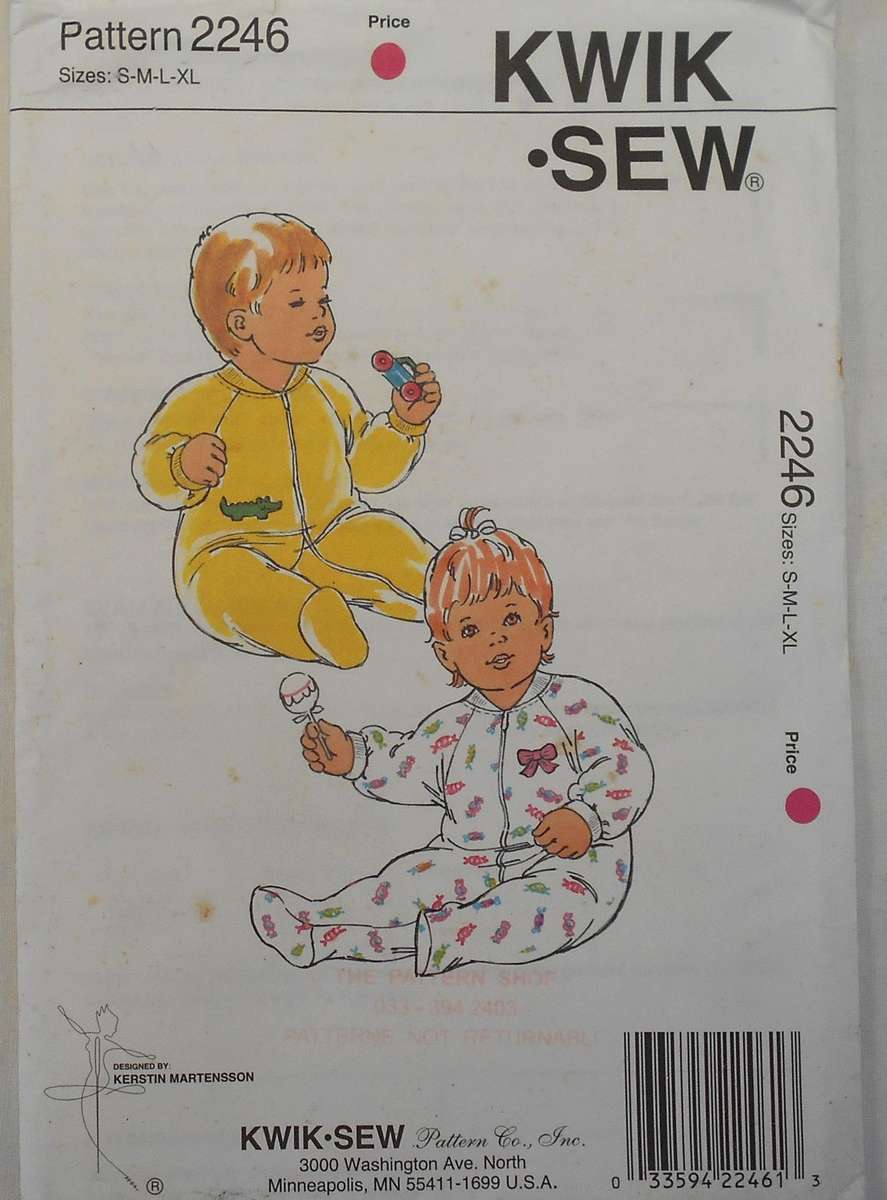 KWIK SEW 2246 BABY SLEEPER SIZES S-M-L-XL (0-18 MONTHS) COMPLETE-UNCUT-F/FOLDED-SEALED