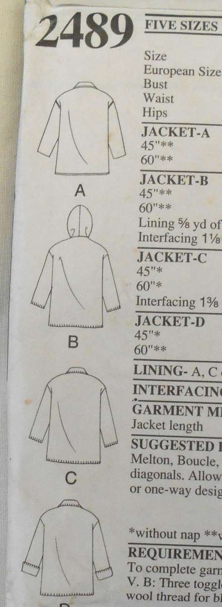 STYLE 2489 WINTER JACKETS & HOODIE SIZE S-XL COMPLETE-PART CUT TO S (10-12) ALL SIZES H/W