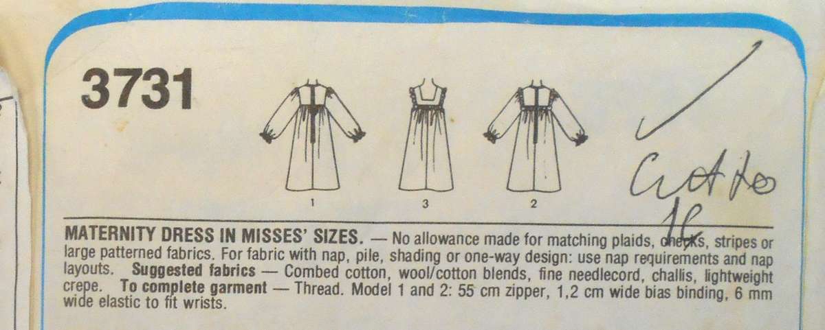 STYLE 3731 MATERNITY DRESS SIZE 10-12-14-16 COMPLETE-CUT TO 16