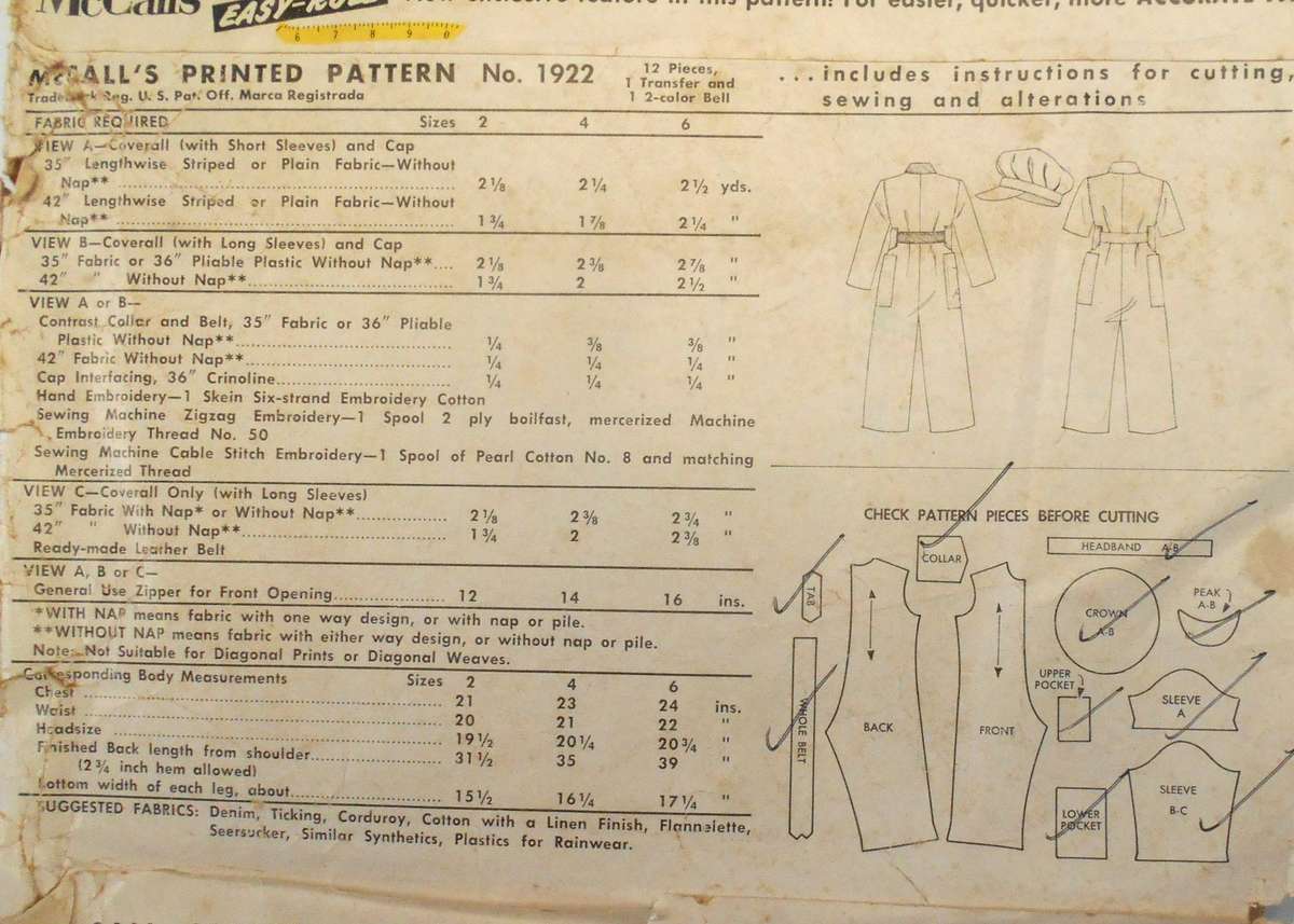 VINTAGE McCALLS 1922 BOY'S COVERALL & CAP SIZE 2 YEARS-COMPLETE-ZIPLOC
