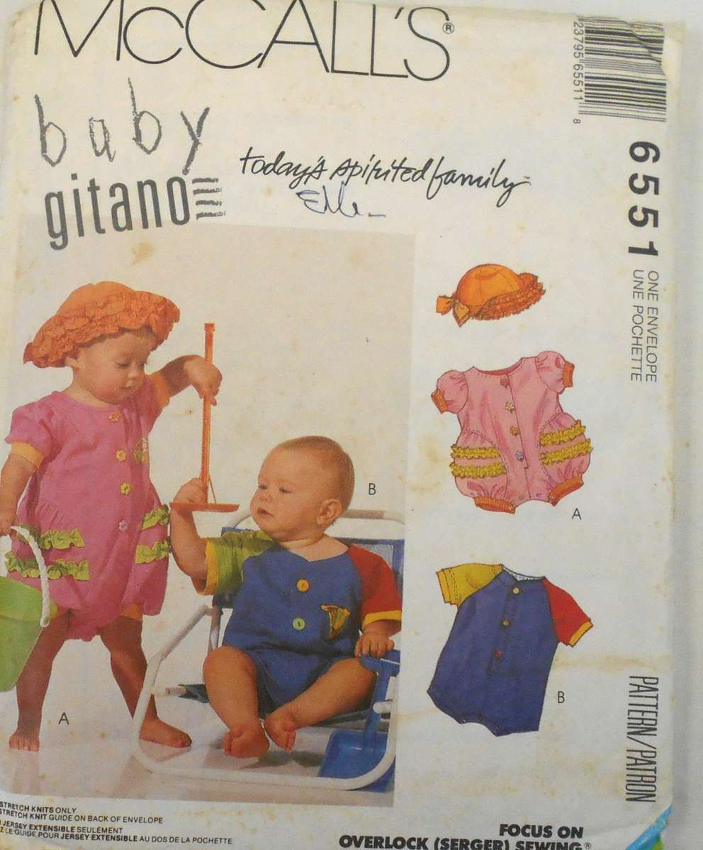 McCALLS 6551 INFANTS ROMPERS-WITH SNAP CROTCH & HAT SIZE S-M-L-XL (13-24 LBS COMPLETE-PART CUT TO L