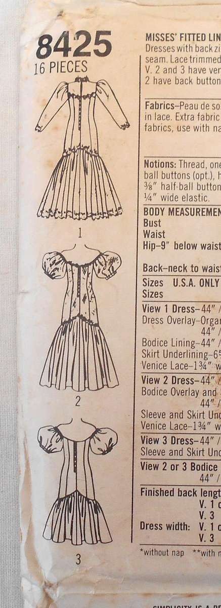 SIMPLICITY 8425 FITTED LINED BRIDAL DRESS SIZE 10 NO SKIRT PATTERN SUPPLIED