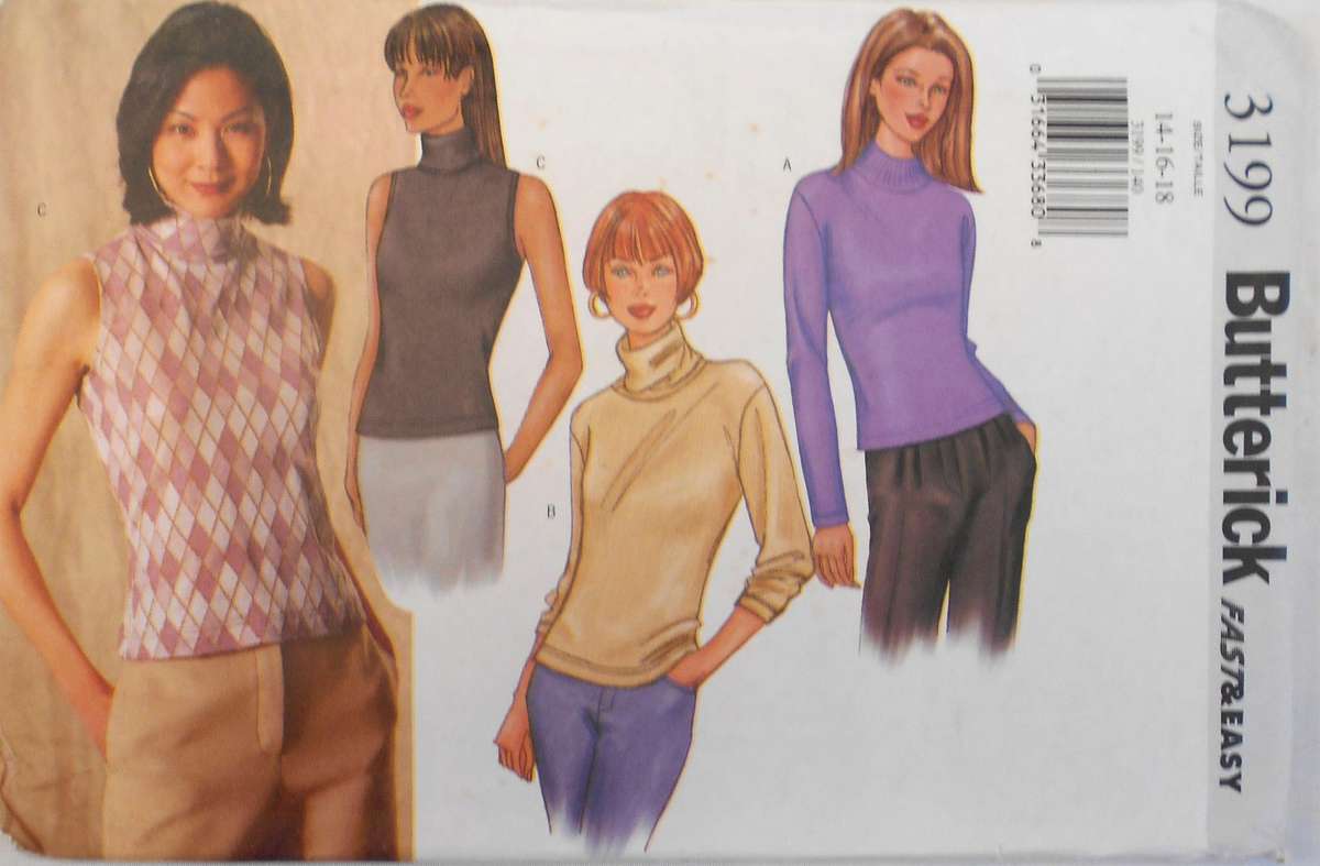 BUTTERICK 3199 PULLOVER TOPS IN 2 LENGTHS - SIZE 14-16-18 - COMPLETE-UNCUT-F/FOLDED