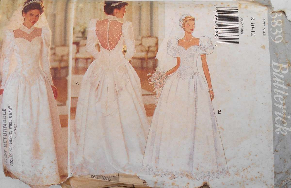 BUTTERICK 3839 LINED FLOOR LENGTH BRIDAL DRESS SIZE 8-10-12 COMPLETE-CUT TO 12-ZIPLOC