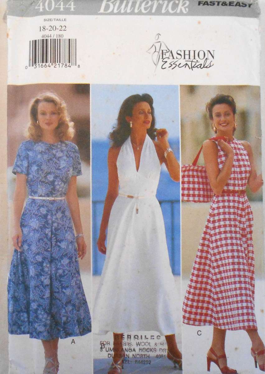 BUTTERICK 4044 DRESS WITH SEMI FITTED BODICE & FLARED SKIRT SIZE 18-20-22 COMPLETE-UNCUT-F/FOLDED