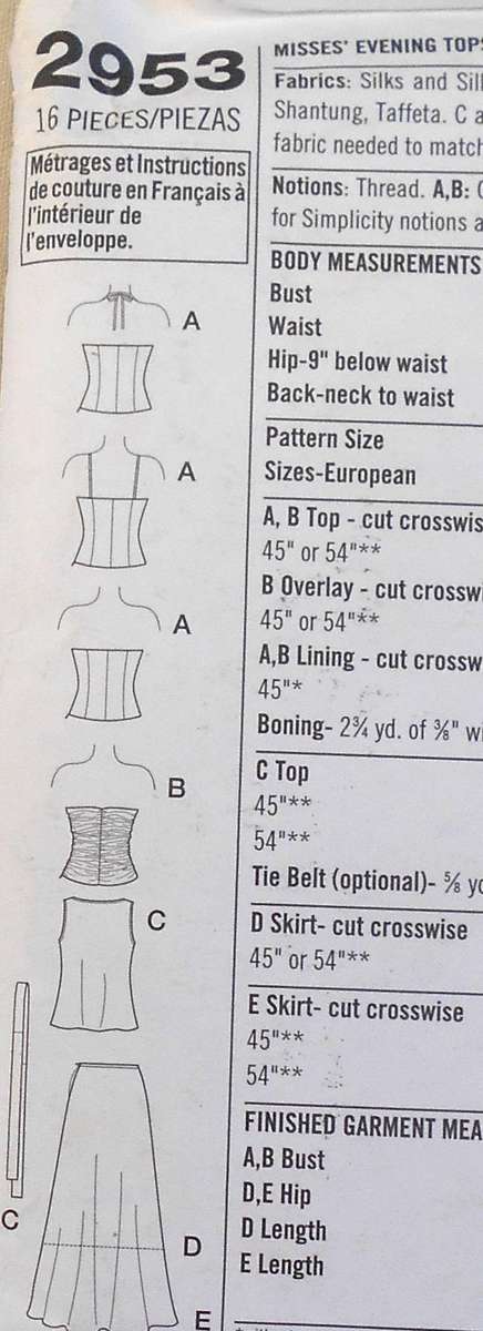 SIMPLICITY 2953 STUNNING EVENING TOPS & SKIRTS SIZE 8-16 CUT TO 16 COMPLETE