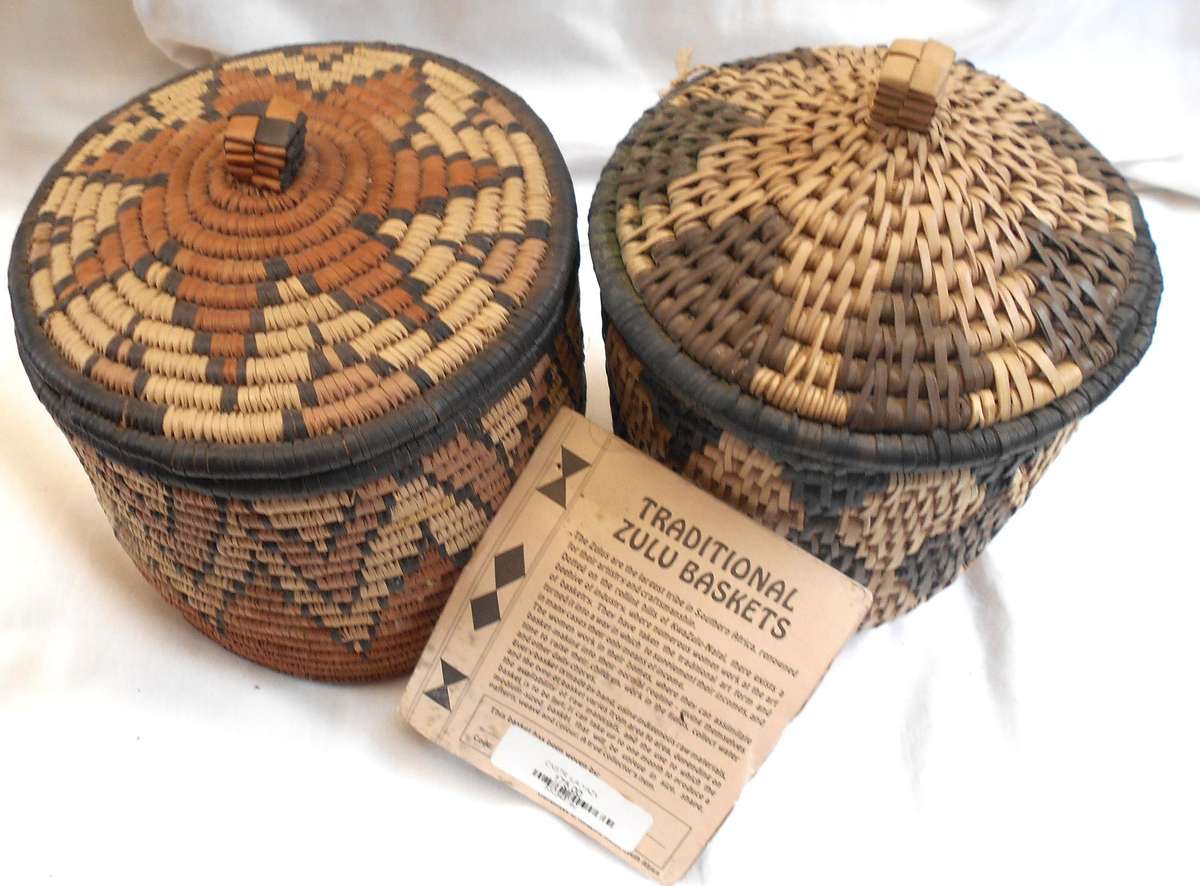 TWO TRADITIONAL WEAVE ZULU BASKETS WITH LABEL