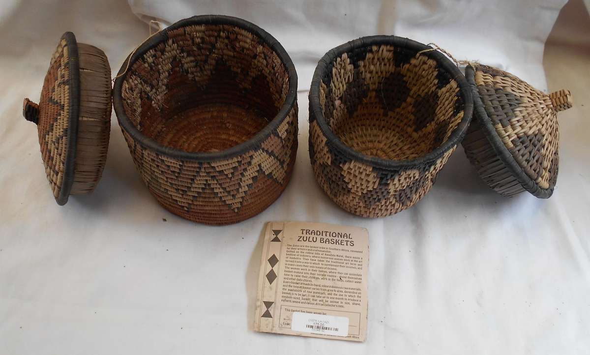 TWO TRADITIONAL WEAVE ZULU BASKETS WITH LABEL