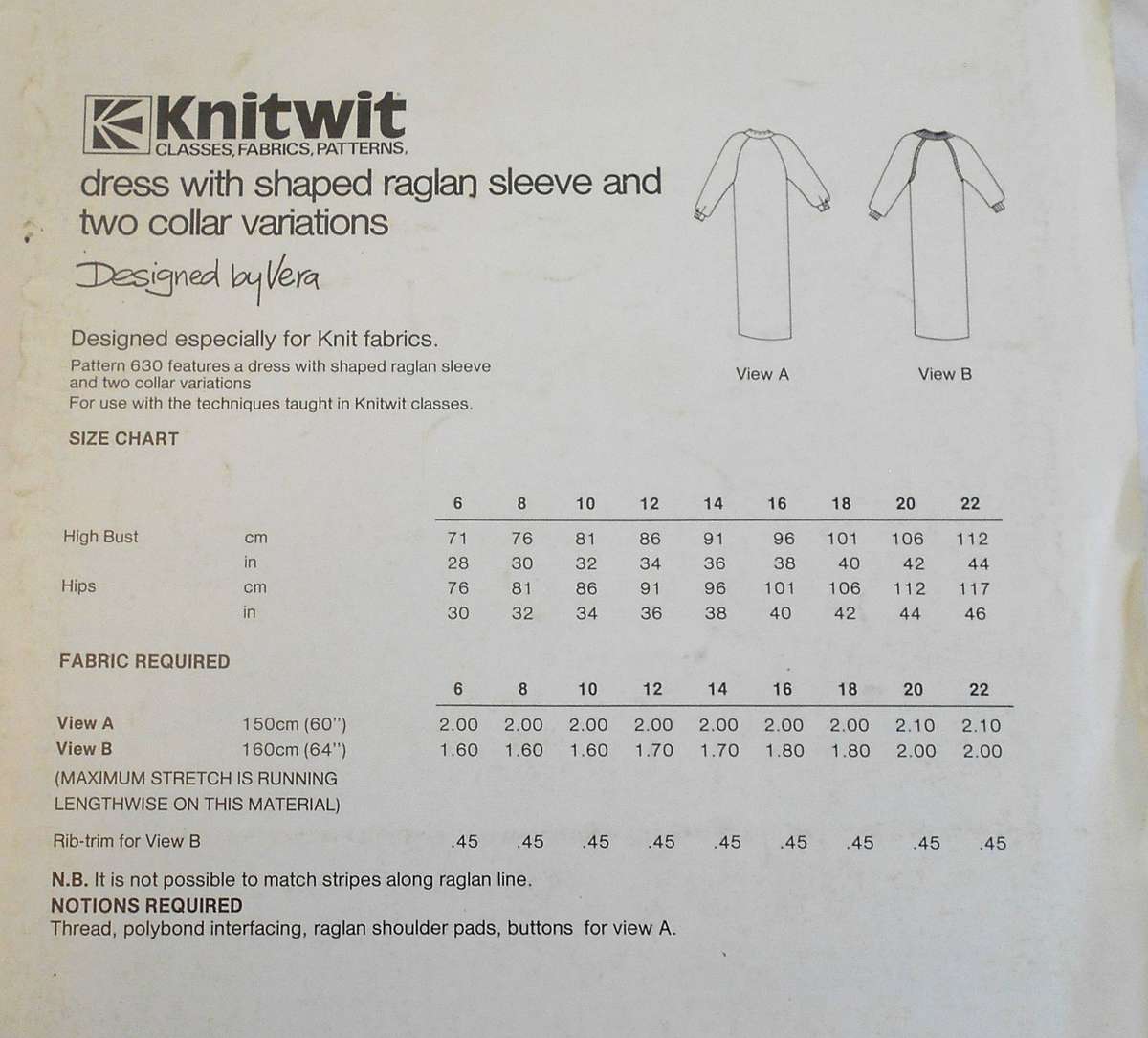 KNITWIT DESIGNER PATTERN 630 DRESS+SHAPED RAGLAN SLEEVE & TWO COLLAR VARIA SIZES 6-22 COMPLETE-UNCUT