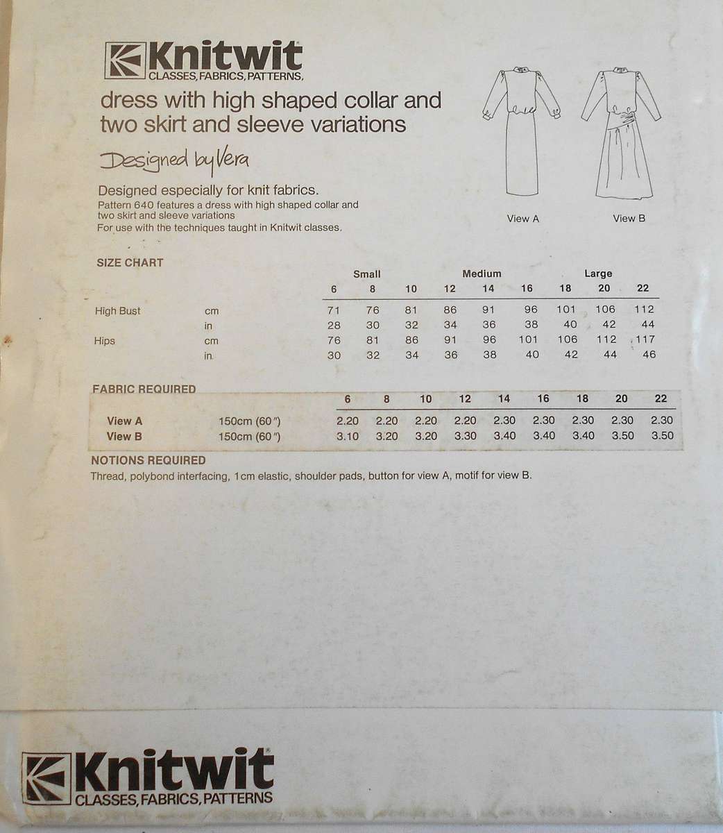 KNITWIT DESIGNER PATTERN 640 DRESS+HIGH SHAPED COLLAR+2 SKIRT & SLEEVE VARIATION SIZES 6-22 COMPLETE