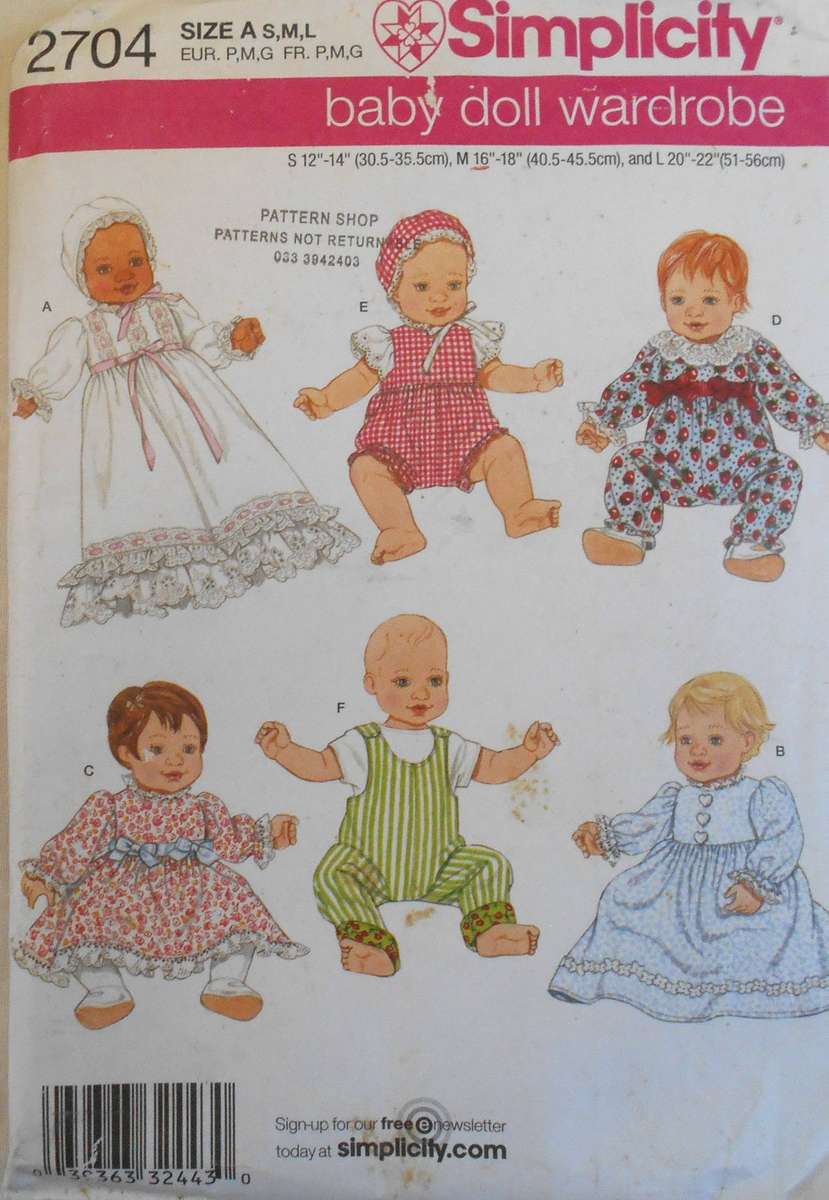 SIMPLICITY 2704 BABY DOLL WARDROBE SIZE S (12-14)-M(16-18)-L (20-22") COMPLETE-PART CUT ONLY MED CUT
