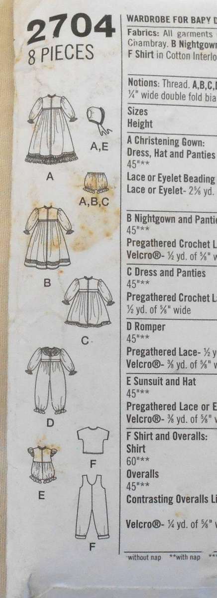 SIMPLICITY 2704 BABY DOLL WARDROBE SIZE S (12-14)-M(16-18)-L (20-22") COMPLETE-PART CUT ONLY MED CUT