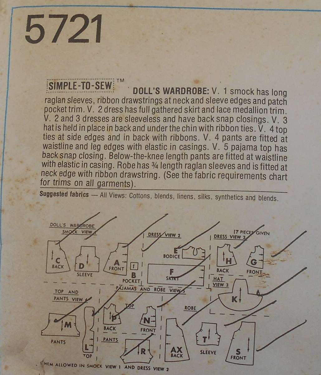 SIMPLICITY 5721 DOLLS CLOTHES SIZE 46 CM COMPLETE