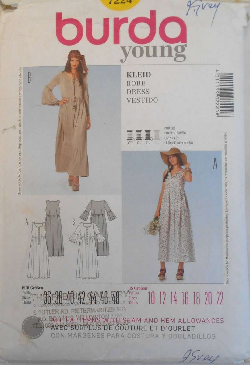 BURDA 7224 YOUNG DRESS 10-12-14-16-18-20-22 COMPLETE-CUT TO 14