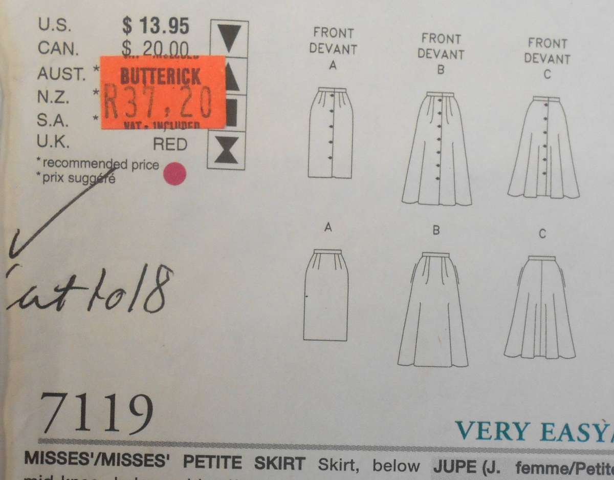 VOGUE 7119 FRONT BUTTON SET OF SKIRTS SIZE 14-16-18 COMPLETE CUT TO 18