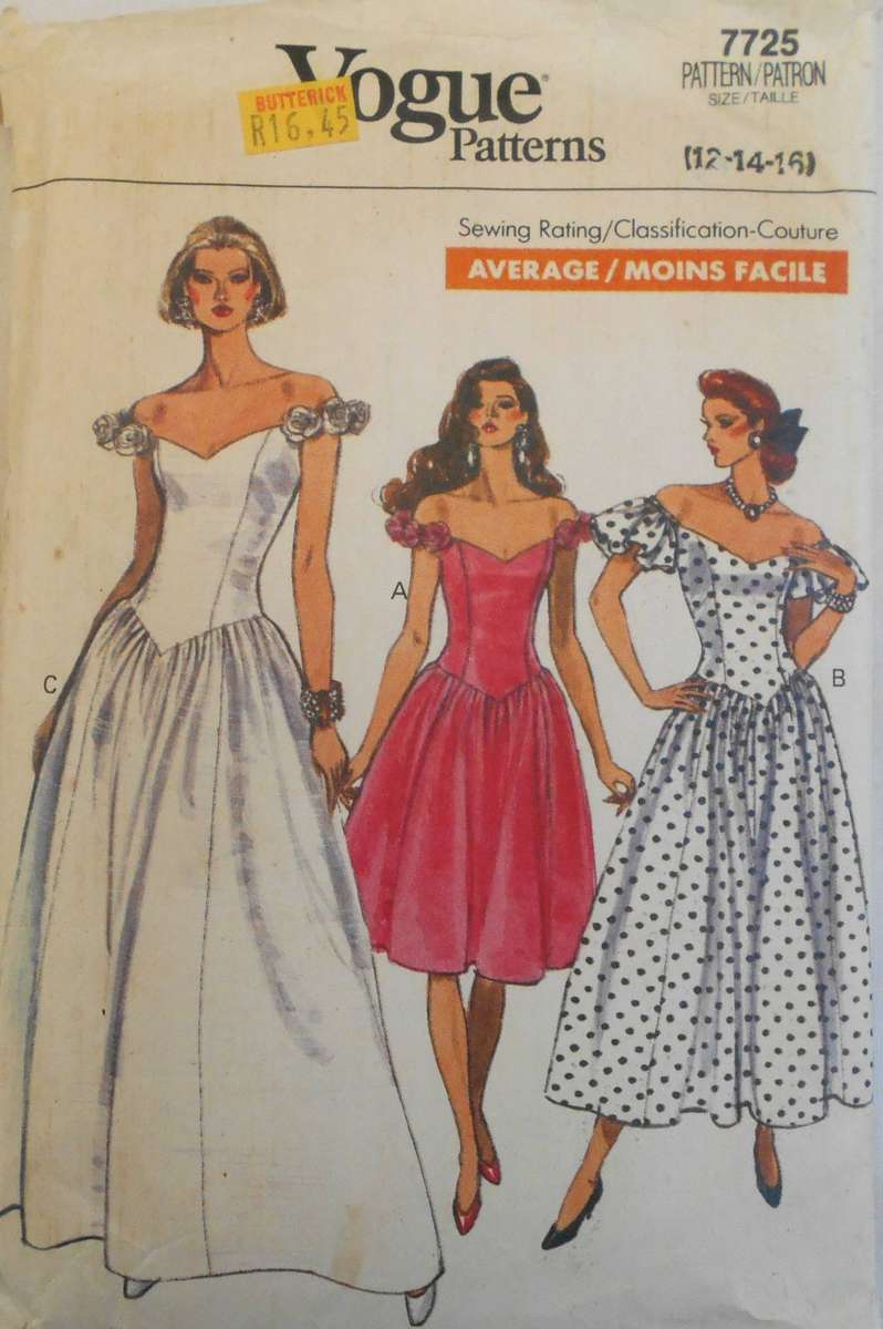 VOGUE 7725 STUNNING OFF THE SHOULDER CLOSE FITTING DRESS SIZE 12-14-16 COMPLETE-CUT TO 12