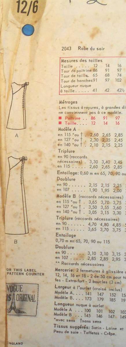 VOGUE PARIS ORIGINAL 2043 ONE PIECE EVENING DRESS SIZE 12 BUST 34 NO SEWING INSTRUCTIONS SUPPLIED