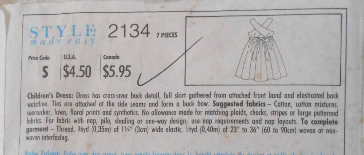 STYLE 2134 GIRLS DRESS WITH CROSS OVER BACK SIZE 3-8 YEARS COMPLETE- CUT TO 8 YEARS