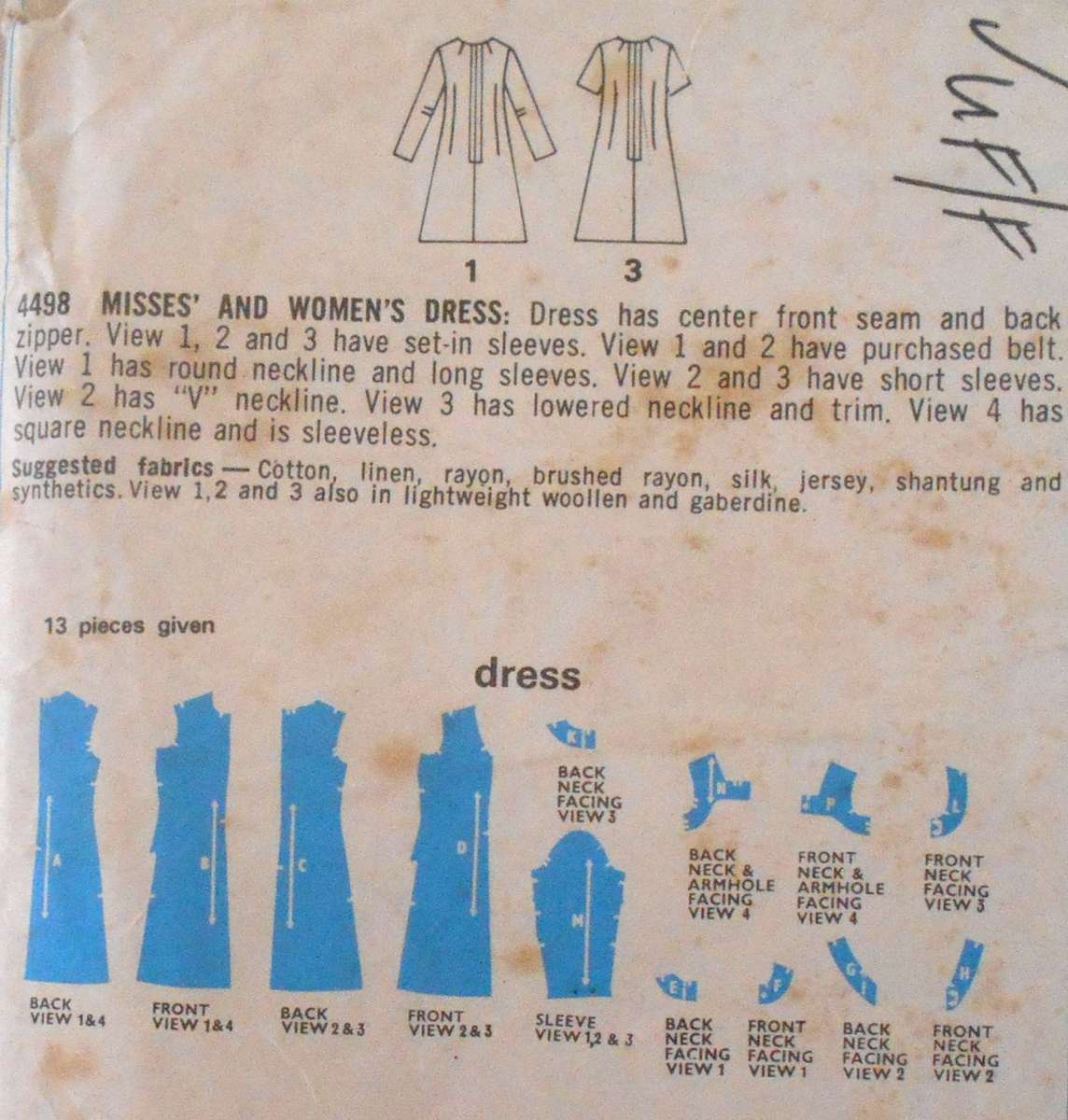 STYLE 4498 DRESS - LONG/SHORT SLEEVE SIZE 16 BUST 102 CM COMPLETE-UNCUT-F/FOLDED