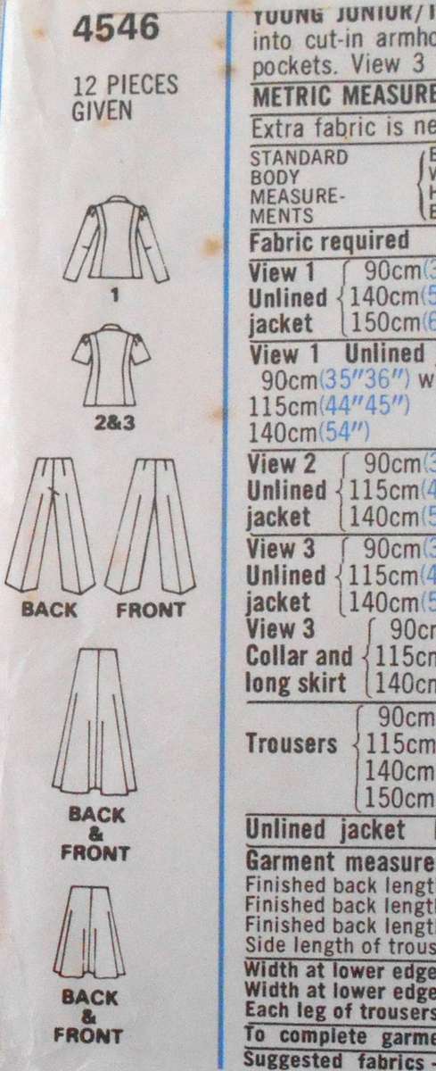 VINTAGE STYLE 4546 UNLINED JACKET-SKIRT-PANTS SIZE 13/14 BUST 33 1/2 COMPLETE-UNCUT-F/FOLDED