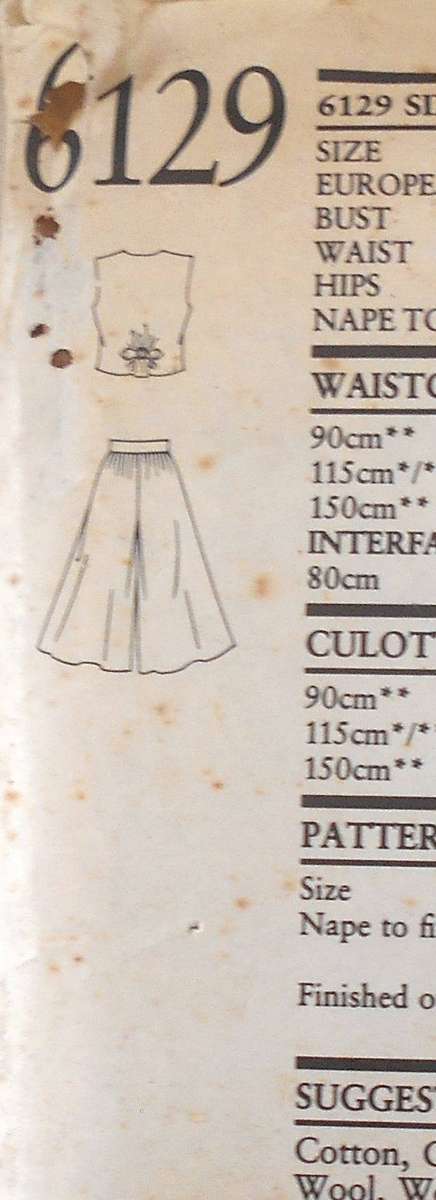 NEW LOOK PATTERNS 6129 CULOTTES & WAISTCOATS SIZES-8-18 COMPLETE UBCUT-F/FOLDED