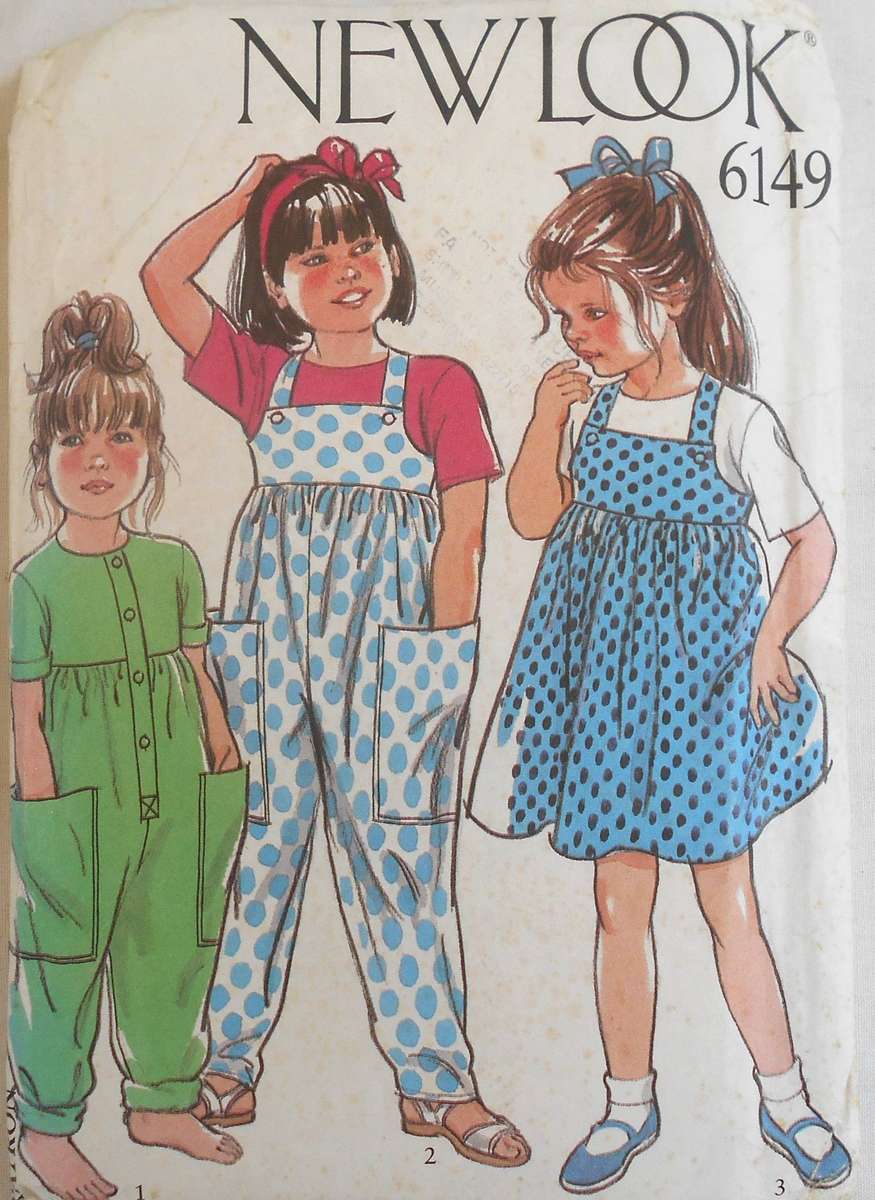 NEW LOOK PATTERNS 6149 GIRLS PINAFORE-DUNAGRESS-JUMPSUITSIZE 18 month - 4 YEARS COMPLETE CUT TO 4 YR