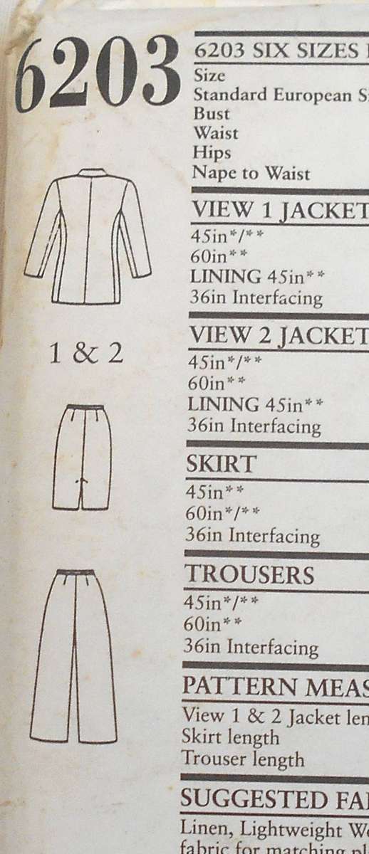 NEW LOOK PATTERNS 6203 JACKET-PANTS-SKIRT SIZE 8-18 COMPLETE-NO SEWING INSTRUCTIONS SUPPLIED