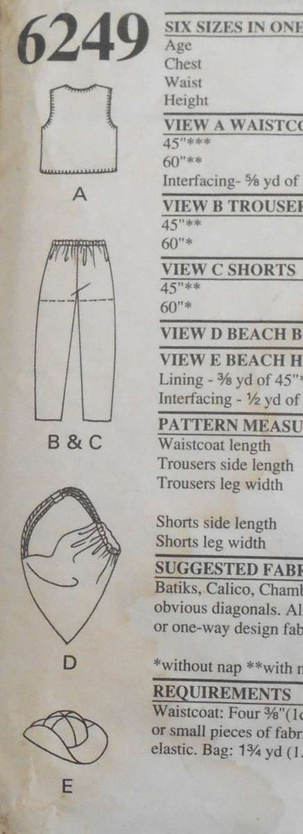 NEW LOOK PATTERNS 6249 GIRLS WAISTCOAT-PANTS-SHORTS-BAG & HAT SIZE 6-11 YEARS COMPLETE CUT TO 11 YR