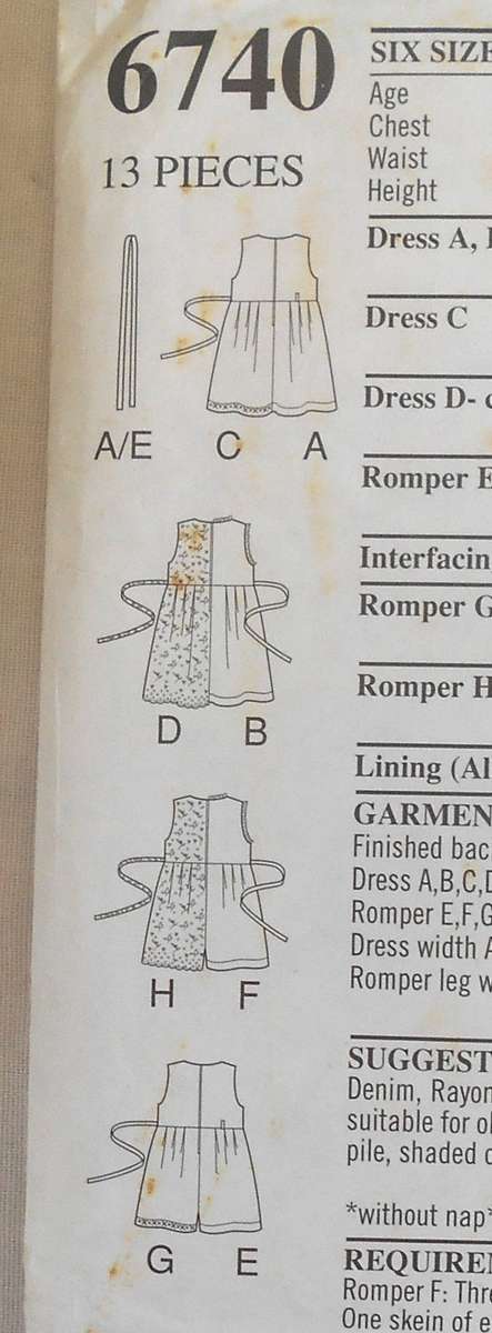 NEW LOOK PATTERNS 6740 GIRLS DRESS & JUMPSUIT-HIGH BODICE & TIEBACK SIZE 2-7 YEAR COMPLETE CUT TO 3