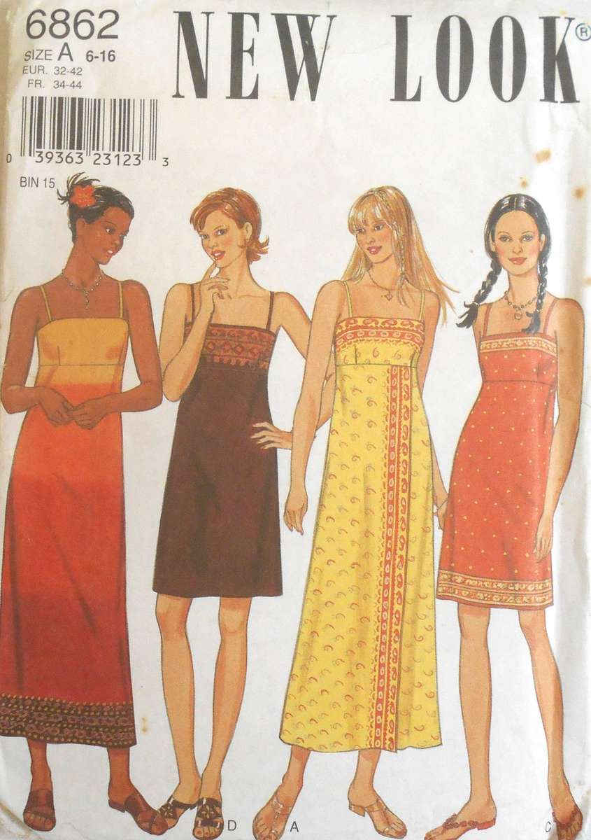 NEW LOOK PATTERNS 6862 HI BODICE SHOESTRING STRAP DRESS SIZE 6-16- NO STRAP PATTERN CUT TO SIZE 14