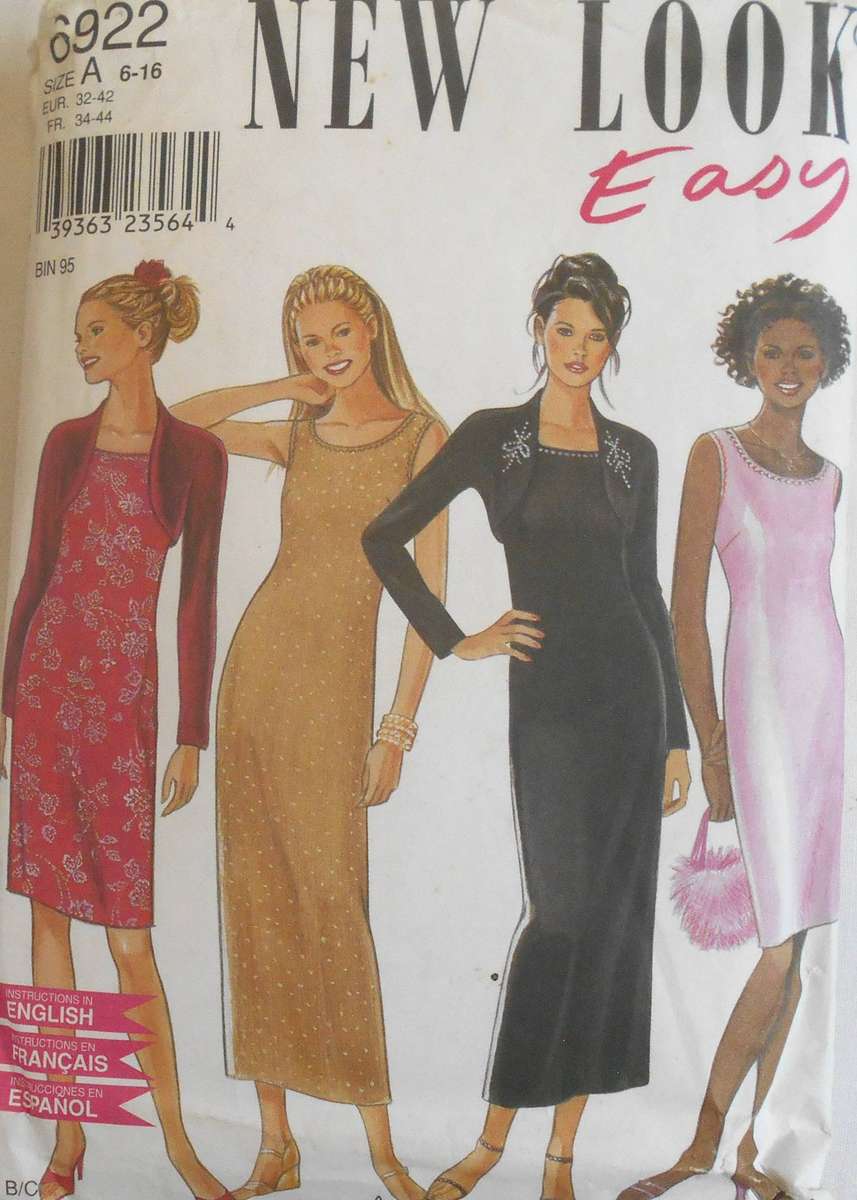 NEW LOOK PATTERNS 6922 SHEATH DRESS & BOLERO SIZE 6-16- COMPLETE-MOSTLY UNCUT- VIEW A CUT TO 8/10