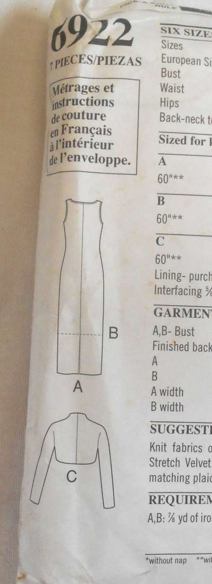 NEW LOOK PATTERNS 6922 SHEATH DRESS & BOLERO SIZE 6-16- COMPLETE-MOSTLY UNCUT- VIEW A CUT TO 8/10