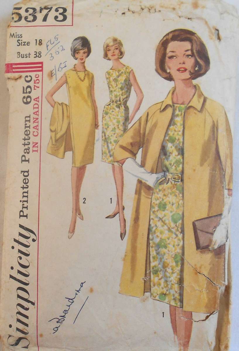 VINTAGE SIMPLICITY 5373 ONE PIECE DRESS & COAT SIZE 18 BUST 38" `COMPLETE