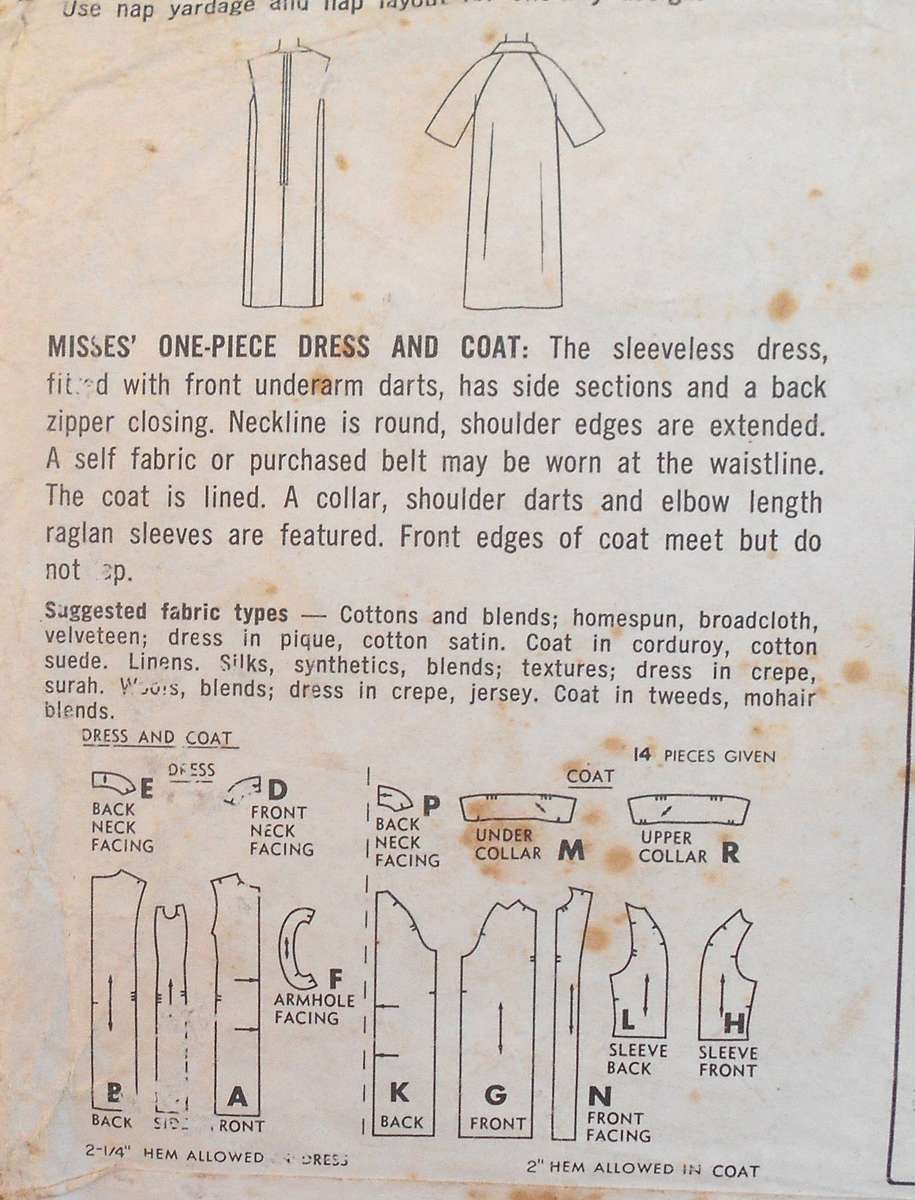 VINTAGE SIMPLICITY 5373 ONE PIECE DRESS & COAT SIZE 18 BUST 38" `COMPLETE