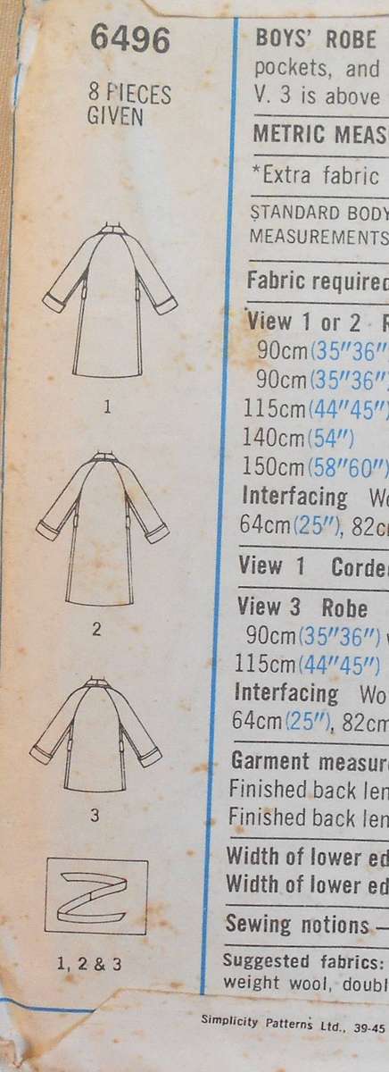SIMPLICITY 6496 BOY'S ROBE IN 2 LENGTHS SIZE 8 YEARS CHEST 69 CM COMPLETE