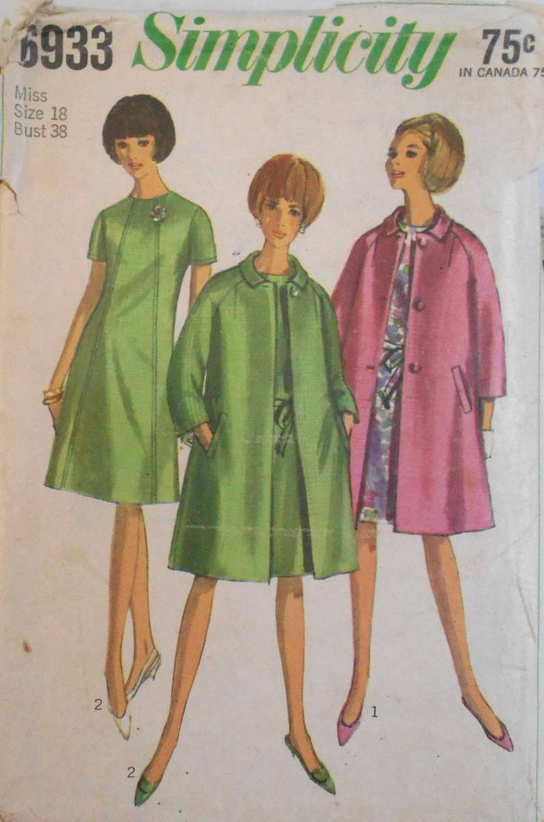 VINTAGE SIMPLICITY 6933 ONE PIECE DRESS & COAT SIZE 18 BUST 38 COMPLETE