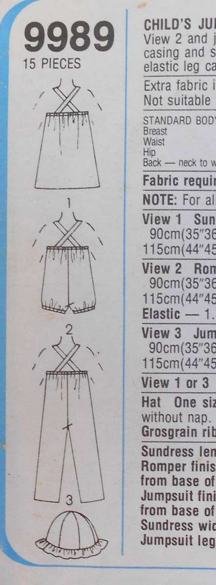 SIMPLICITY 9989 GIRLS JUMPSUIT-ROMPER-SUNDRESS & HAT SIZE 5 YEARS CHEST 61 CM COMPLETE-UNCUT-F/FOLDE