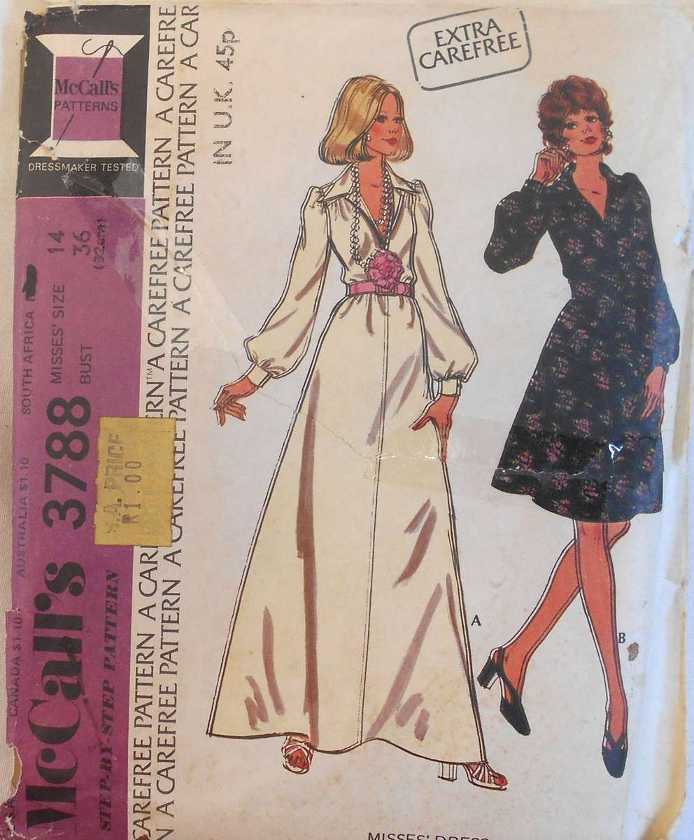 VINTAGE McCALLS 3788 LONG SLEEVE DRESS WITH BELT SIZE 14 BUST 36" COMPLETE