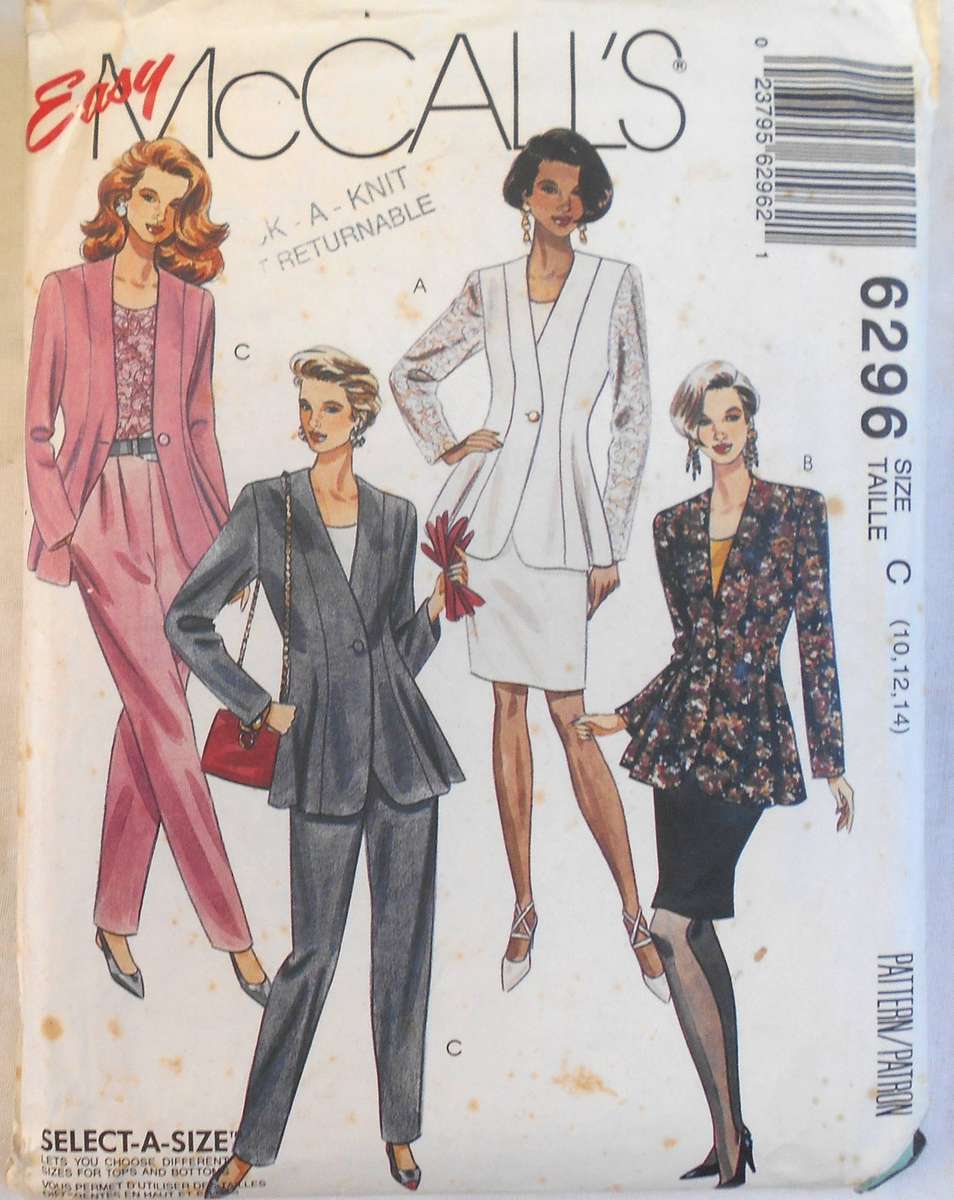 McCALLS 6296 UNLINED JACKET-TOP-SKIRT-PANTS SIZE 10-12-14 COMPETE-CUT TO 14