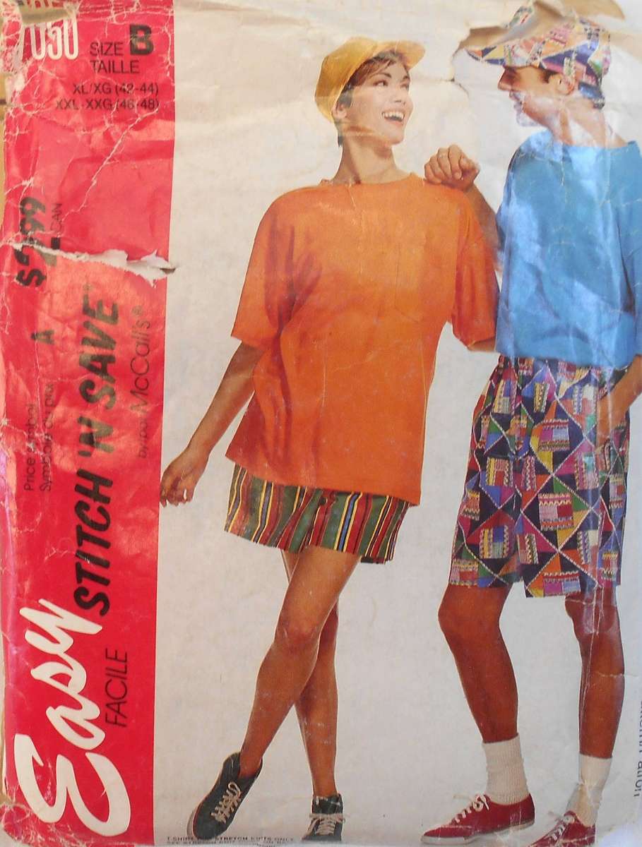 McCALLS 7050 BOYS-TEEN MEN T SHIRT-SHORTS HAT SIZE S-M-L-XL-XXL (31 1/2 - 48") COMPLETE-UNCUT-REFOLD