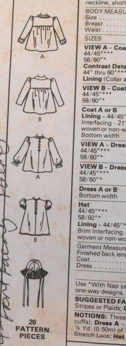 McCALLS 7409 TODDLERS COAT-DRESS-HAT SIZE 1 YEAR SEE LISTING