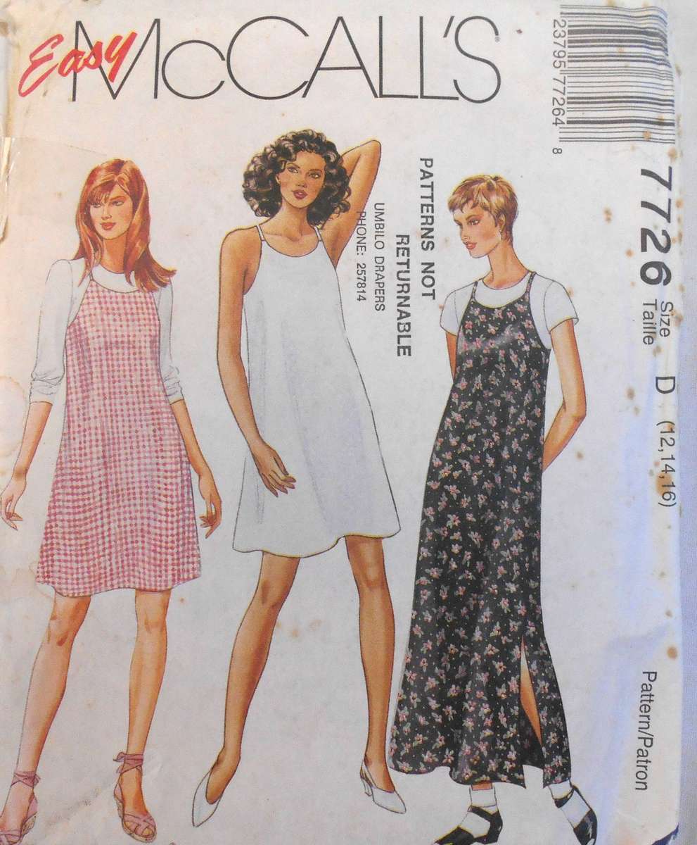 McCALLS 7726 PULLOVER DRESS WITH SPAGHETTI STRAPS IN 2 LENGTHS SIZE 12-14-16 COMPLETE-CUT TO 16