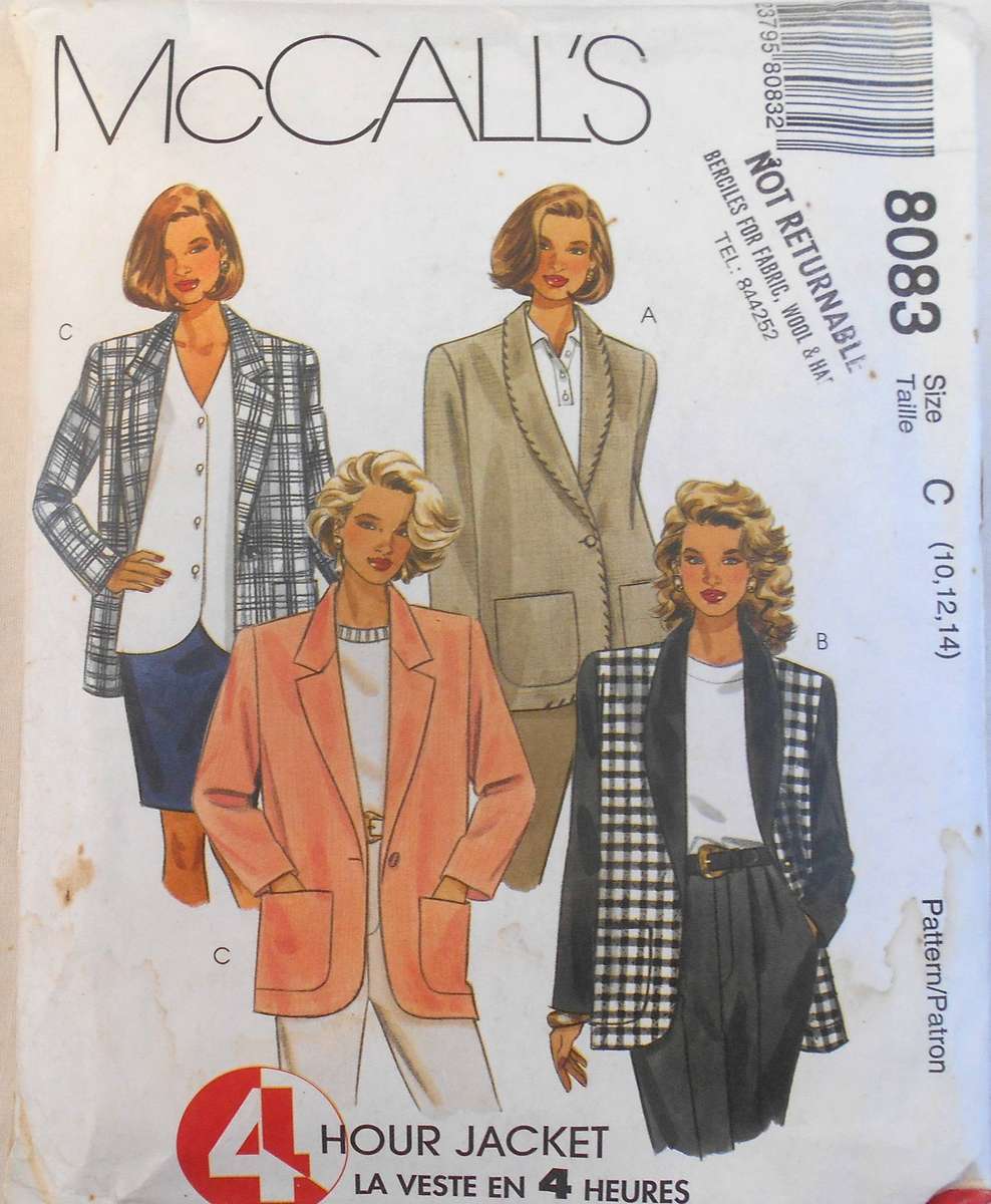 McCALLS 8083 UNLINED OR LINED JACKET SIZE 10-12-14 COMPLETE-CUT TO 12